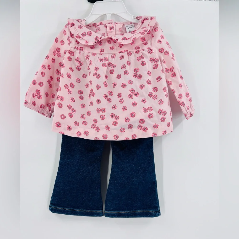 Carter’s Toddler Girl 2-Piece Floral Top and Denim Pants Set new 9m